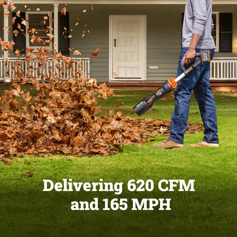WORX Nitro cordless leaf blower turbo mode demonstrates boosted airflow for tough debris.