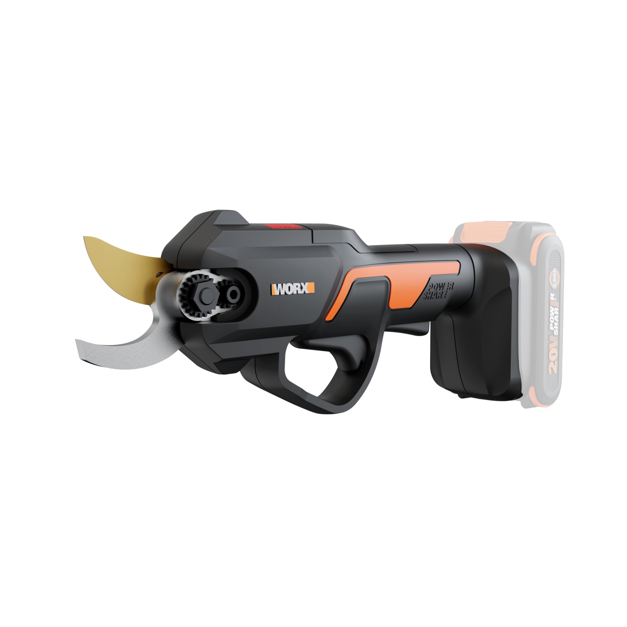 WORX NITRO pruning shear blade close-up showing titanium coating for smooth cuts
