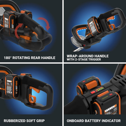 WORX Nitro wrap-around front handle offers ergonomic trimming.
