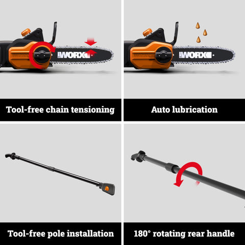 WORX pole saw features 180-degree rotating handle for versatile angles