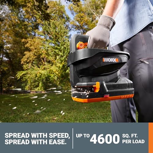 WORX seed spreader with edge-deflector demonstrates spill-free spreading along driveways