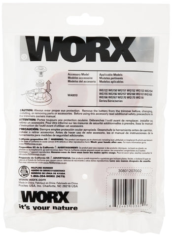 WORX replacement spool on trimmer body demonstrates quick install.