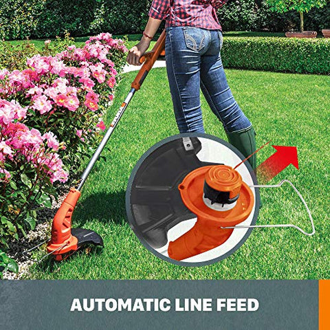 WORX WG154 auto-feed line enables continuous cutting.