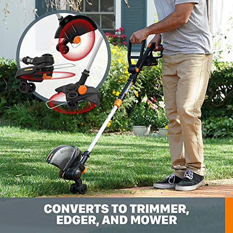 WORX WG170 90-degree pivot head enabling precise cuts along sidewalks