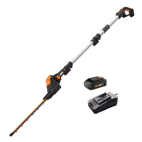 WORX WG252 adjustable-head hedge trimmer for precise angle control during trimming.