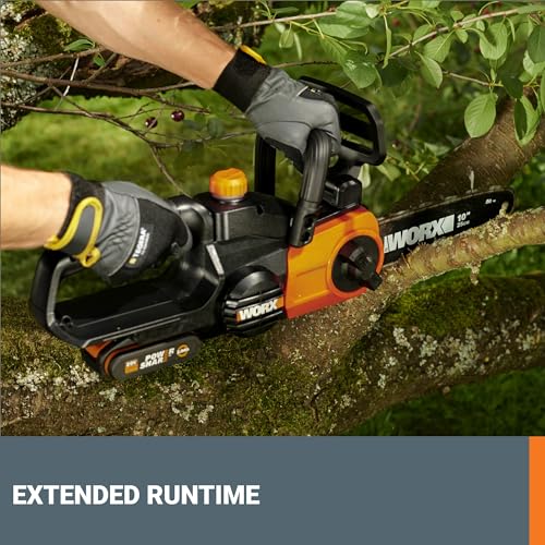 WORX WG322 auto-oil lubrication smooths cuts and extends chain life.
