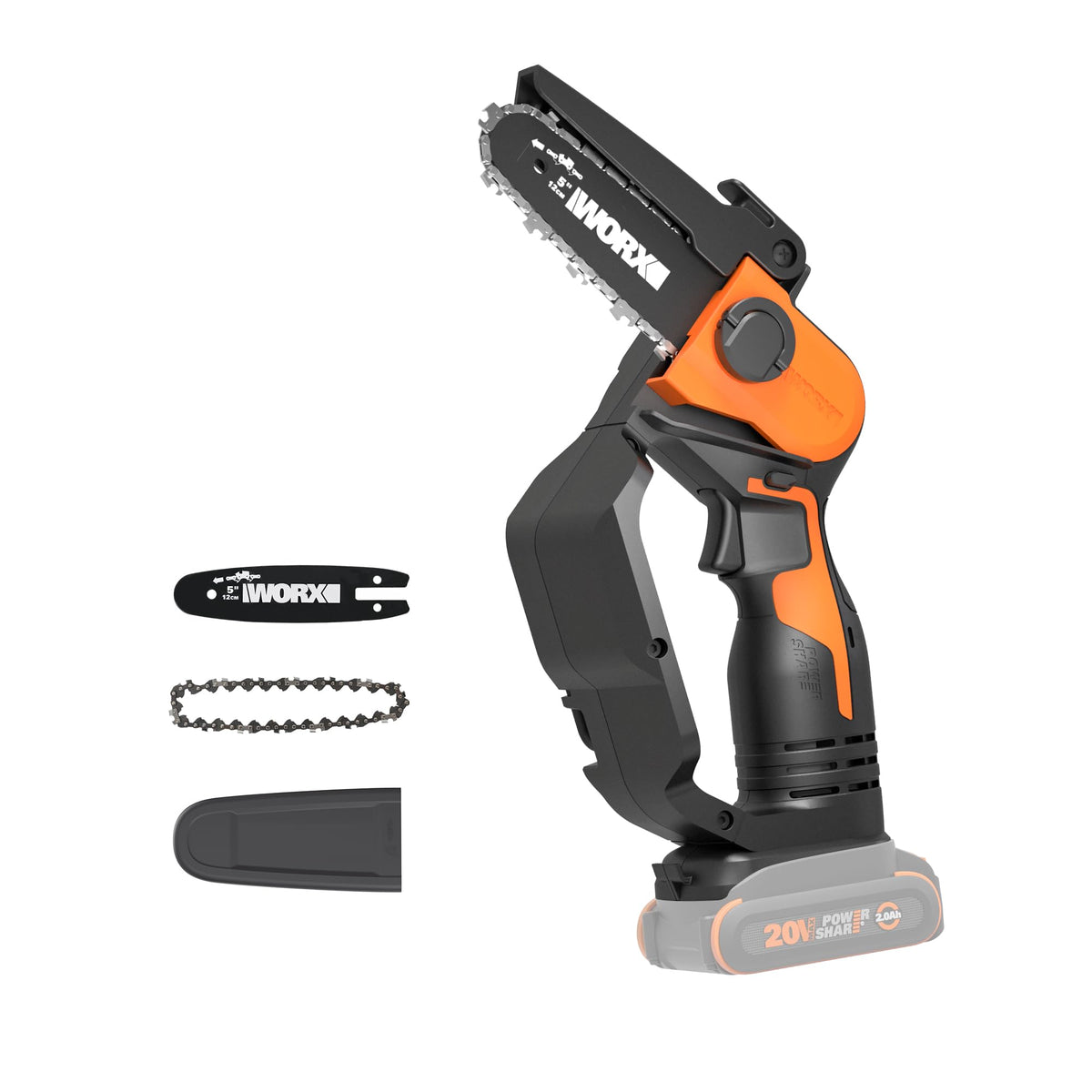 WORX WG324.9 compact 5-inch cordless pruning saw for easy one-handed pruning.