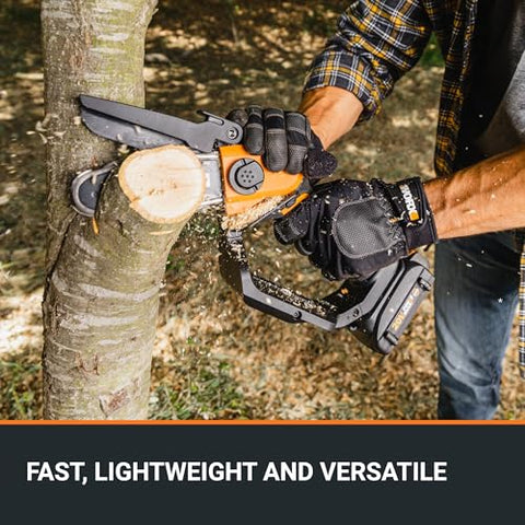 WORX pruning saw with upper chain guard for added safety while cutting.