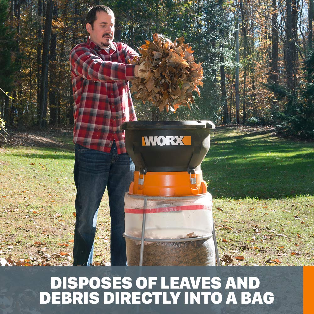 WORX WG430 feeds leaves into the hopper for efficient mulching.