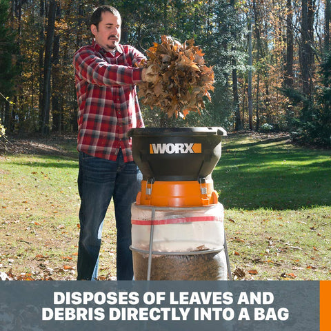 WORX WG430 feeds leaves into the hopper for efficient mulching.