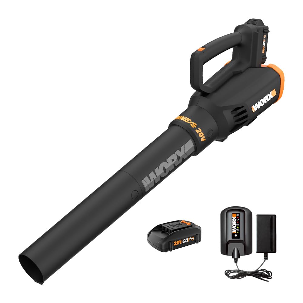 WORX WG547 cordless leaf blower delivers 360 CFM power for quick yard cleanup.