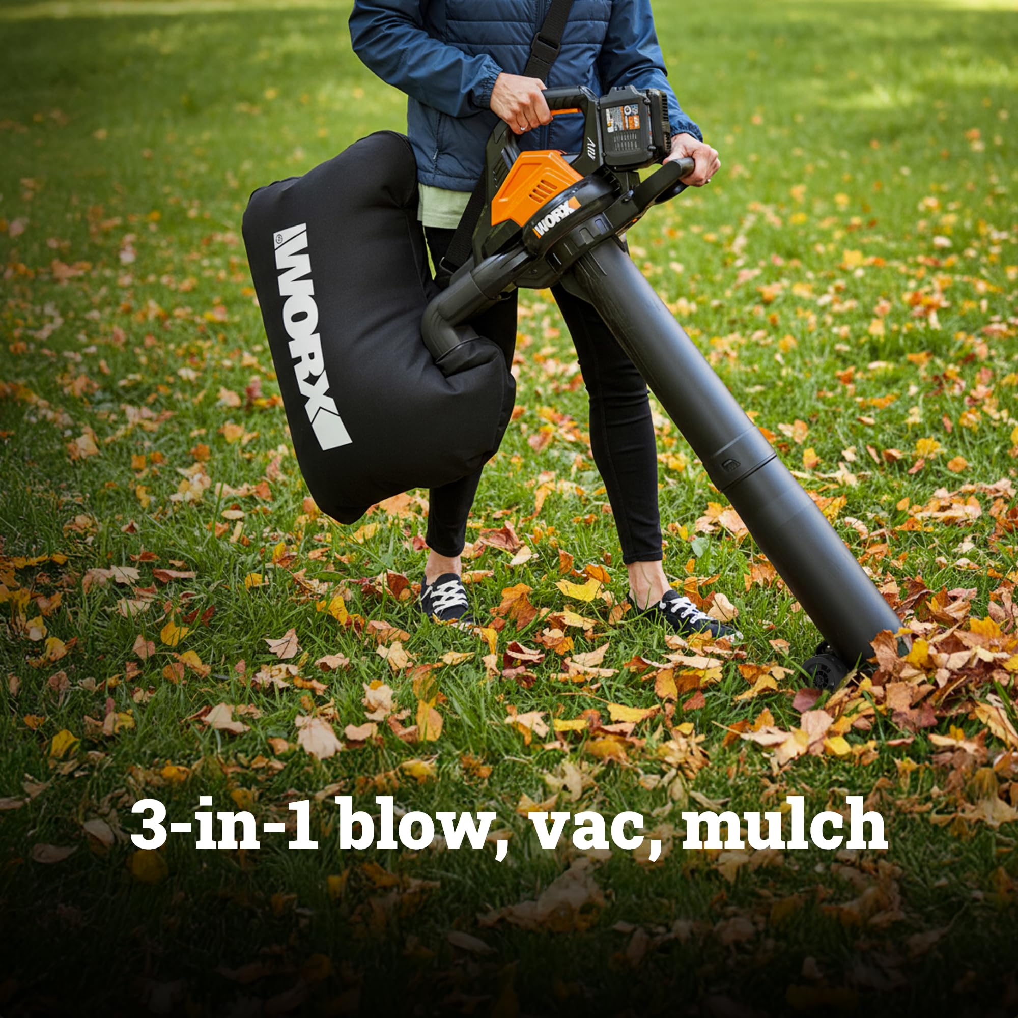 WORX WG583 3-in-1 leaf blower vacuum mulcher demonstrates debris reduction in action.