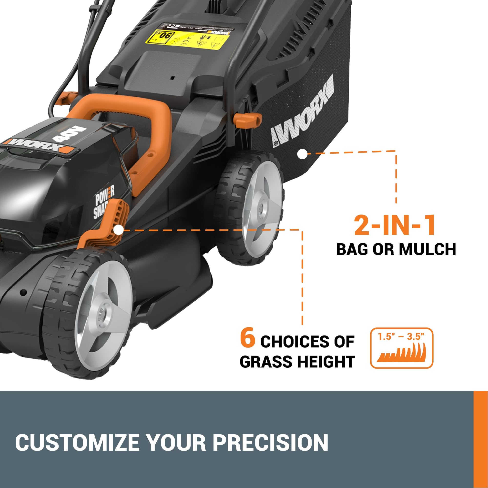 WORX WG779 2-in-1 bagging and mulching for versatile clippings.