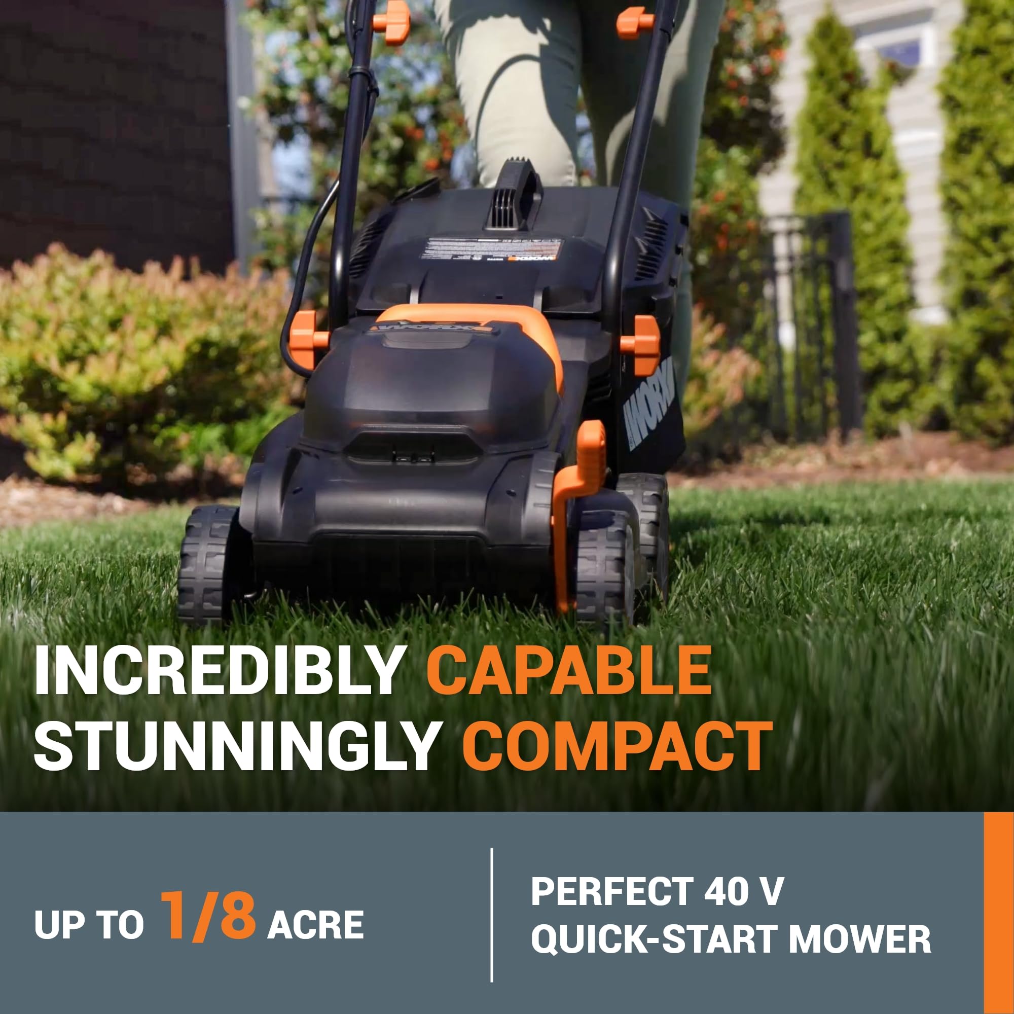 WORX WG779 collapsible handle for compact storage after mowing.