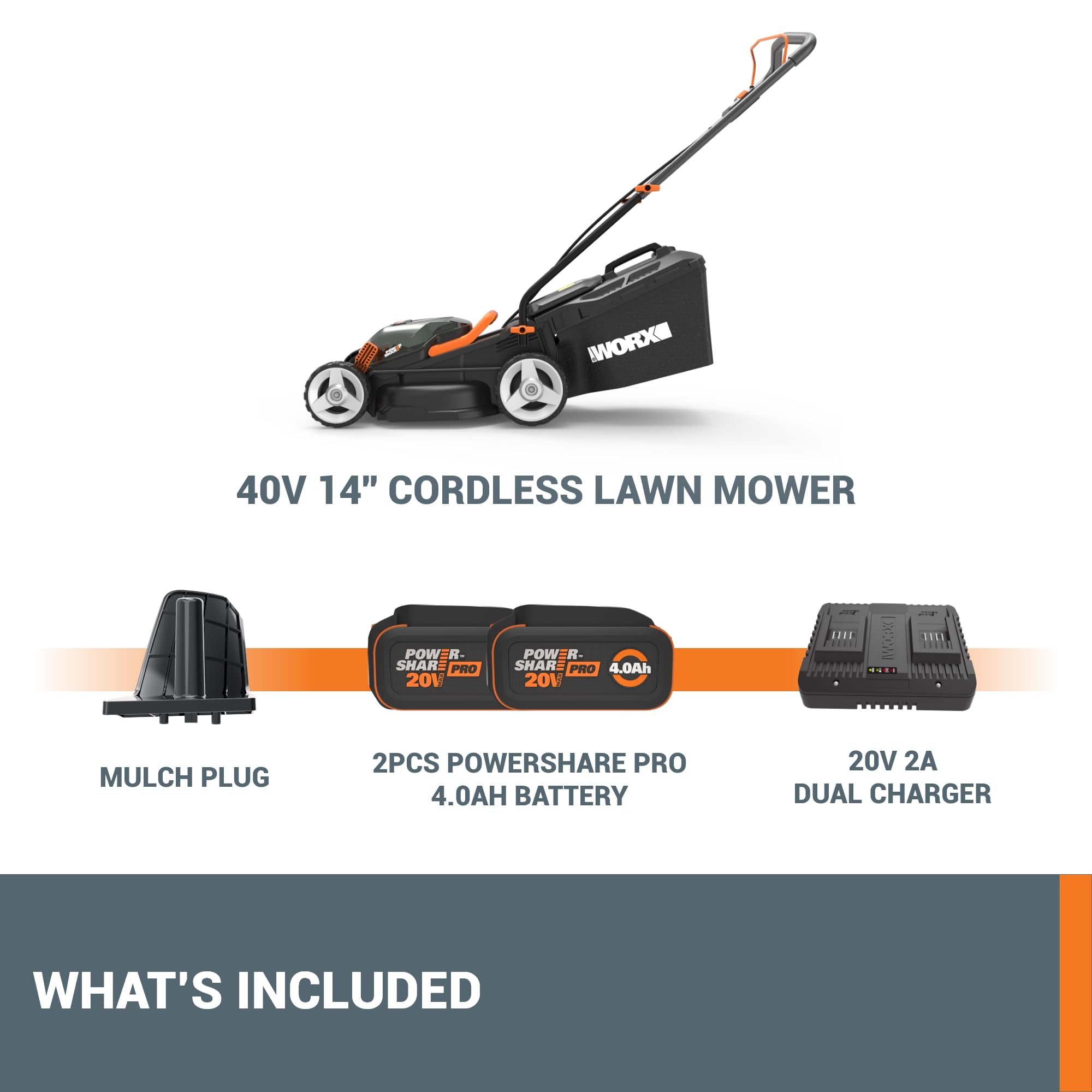 WORX WG779 quiet operation reduces noise during mowing sessions.