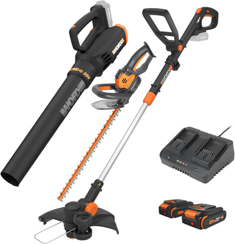 WORX WG931 bundle overview showing the trimmer, hedge trimmer, and blower for a complete yard kit