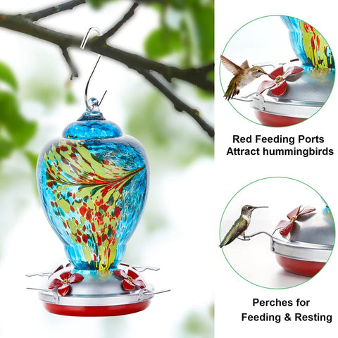 WOSIBO hand-blown glass hummingbird feeder showcases unique texture and durability.