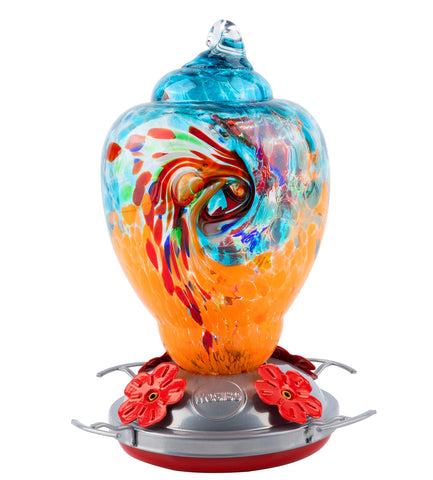 WOSIBO hummingbird feeder in blue-orange hand-blown glass attracts pollinators to your patio
