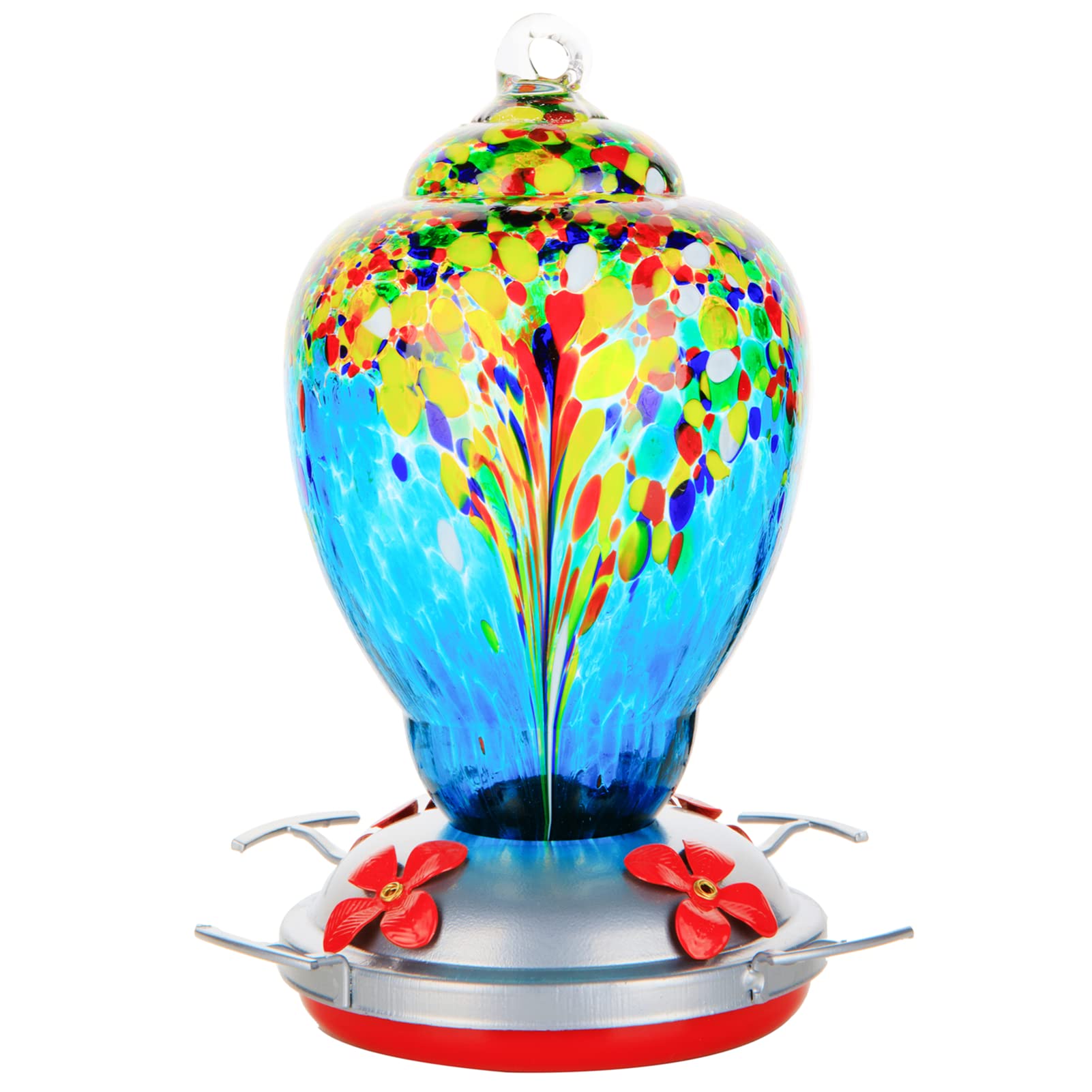 WOSIBO hummingbird feeder blue-white side view showing colorful glass that attracts birds
