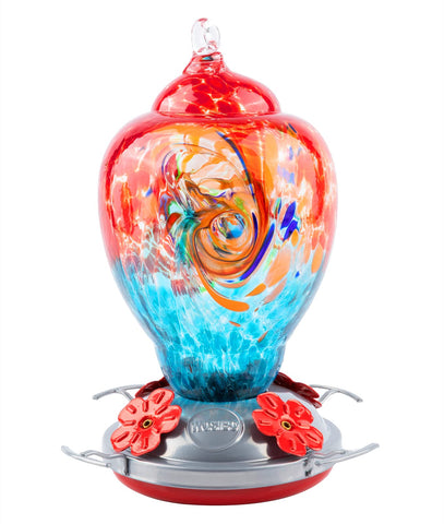 WOSIBO hummingbird feeder in red-blue glass full outdoor view attracts birds