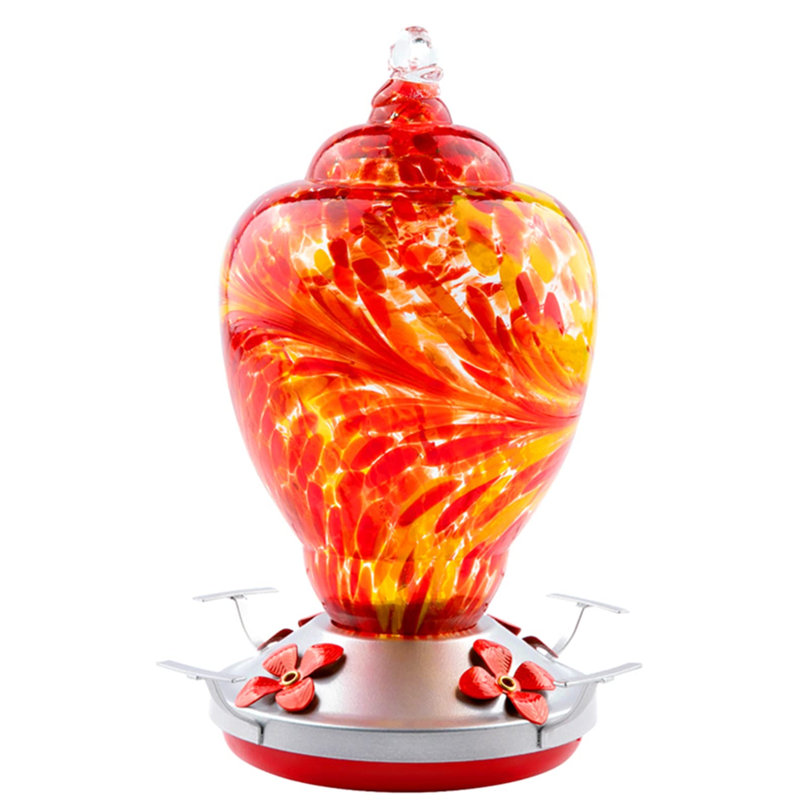 WOSIBO red hand-blown glass hummingbird feeder closeup attracts nectar-seeking birds.