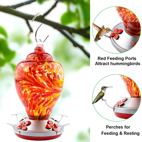 WOSIBO red hummingbird feeder hanging on an outdoor hook in a patio.