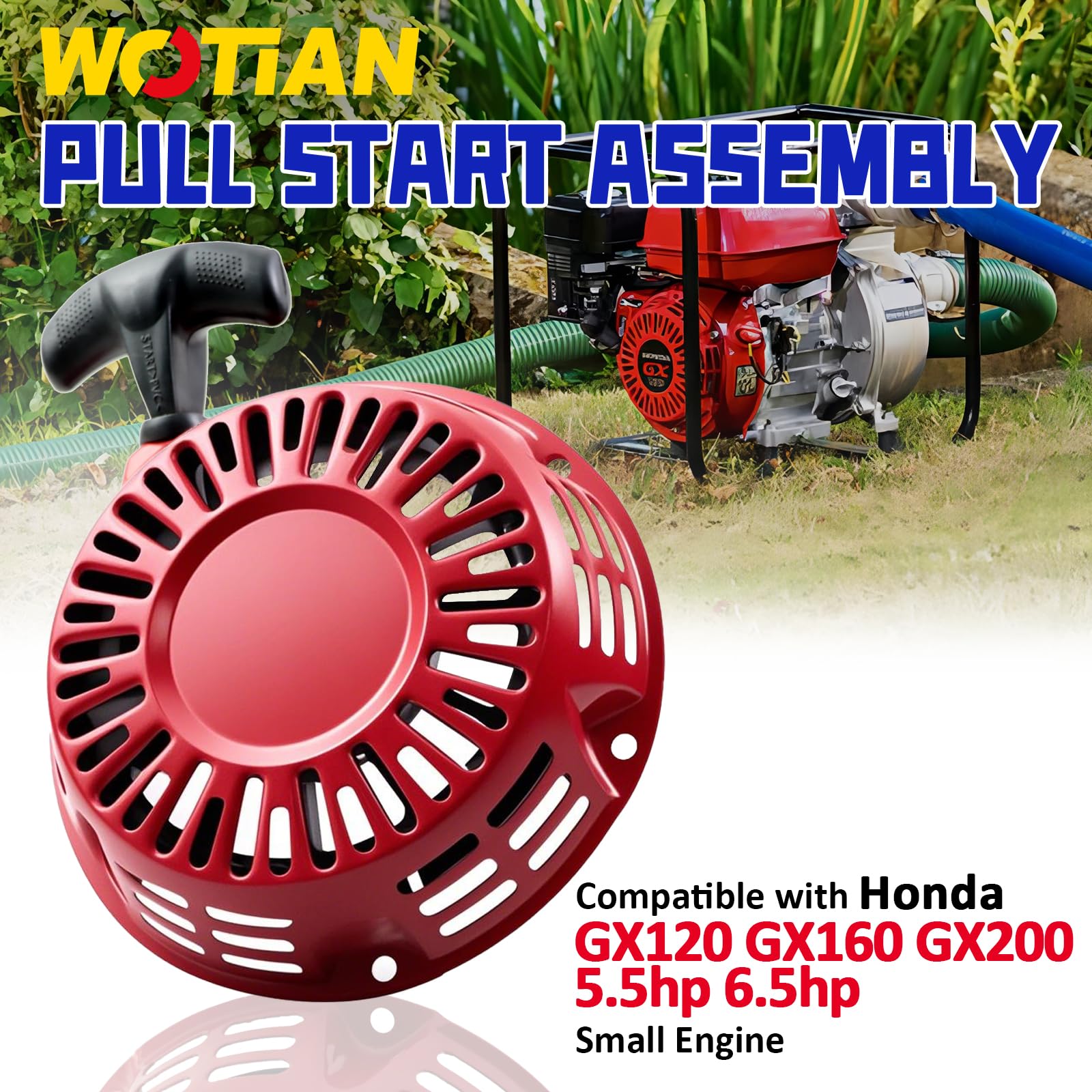WOTIAN GX160 pull-start side view highlights compact recoil mechanism for easy installation.