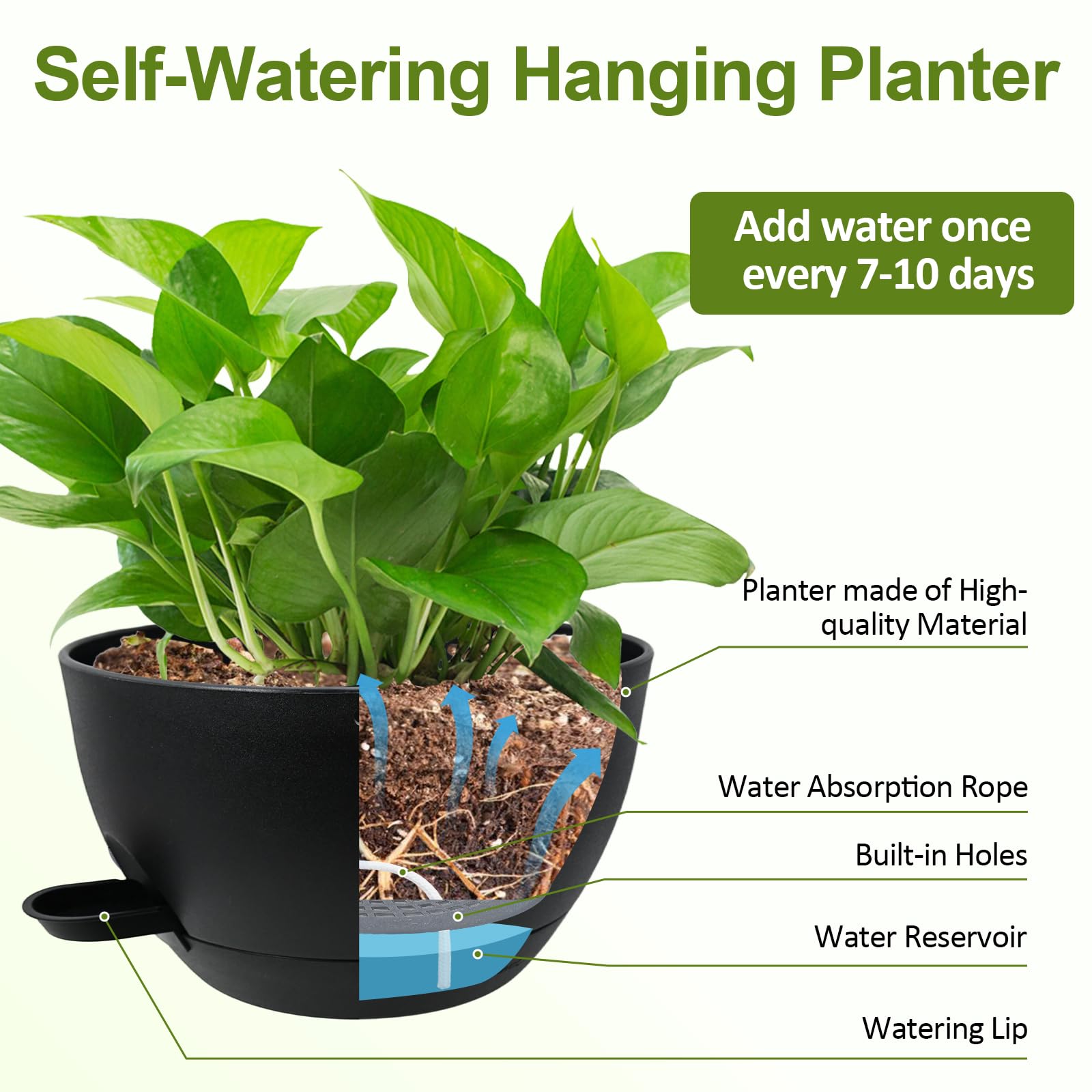 WOUSIWER 10 inch black planter suitable for indoor and outdoor spaces.