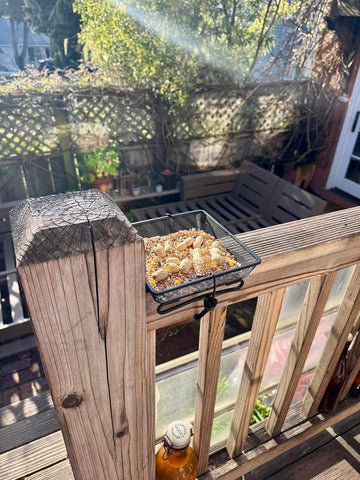 WOWARE metal bird feeder tray shows durable construction with rust-resistant coating.