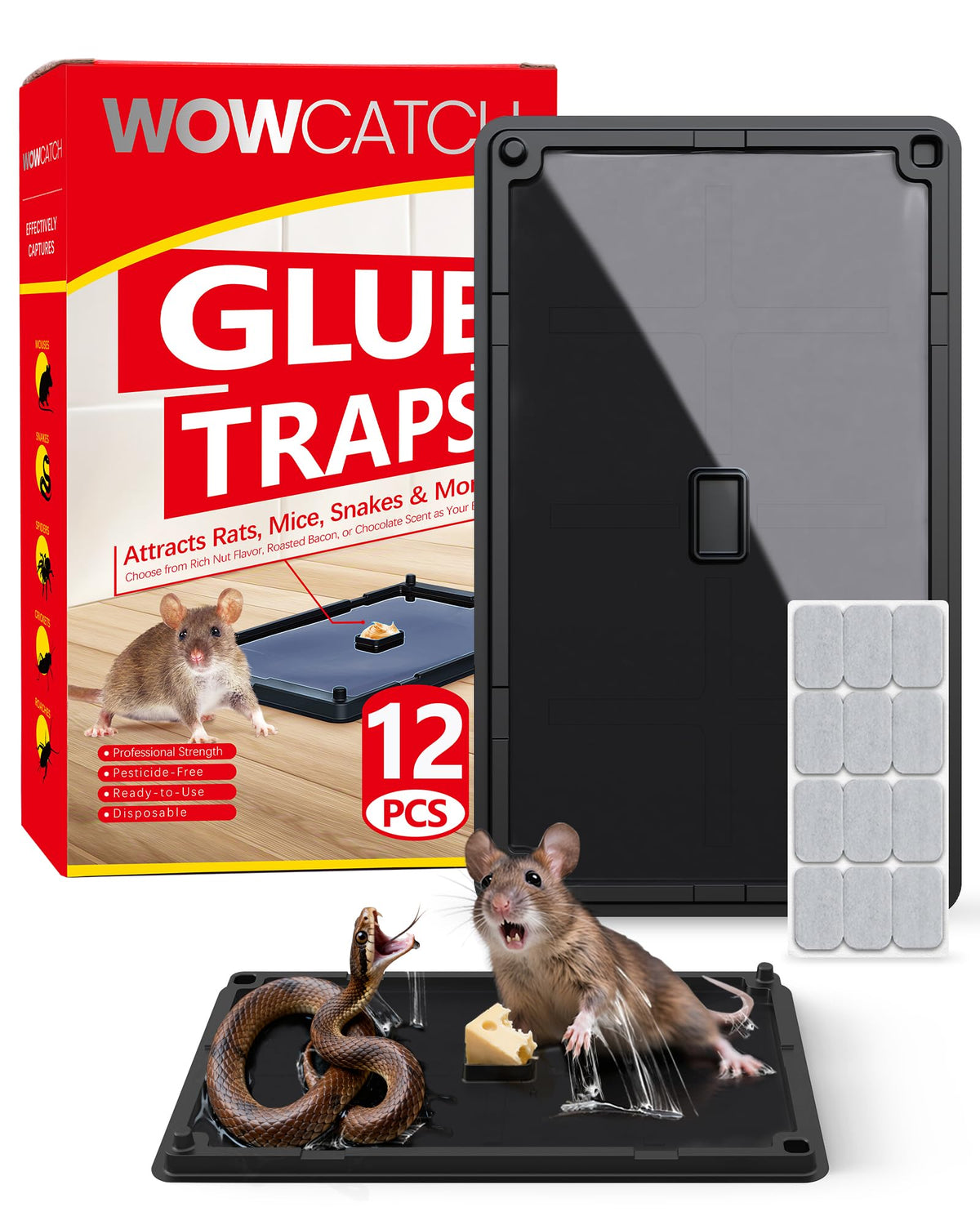 WowCatch 12-pack rat and mouse glue traps on a sturdy board for reliable long-term use.