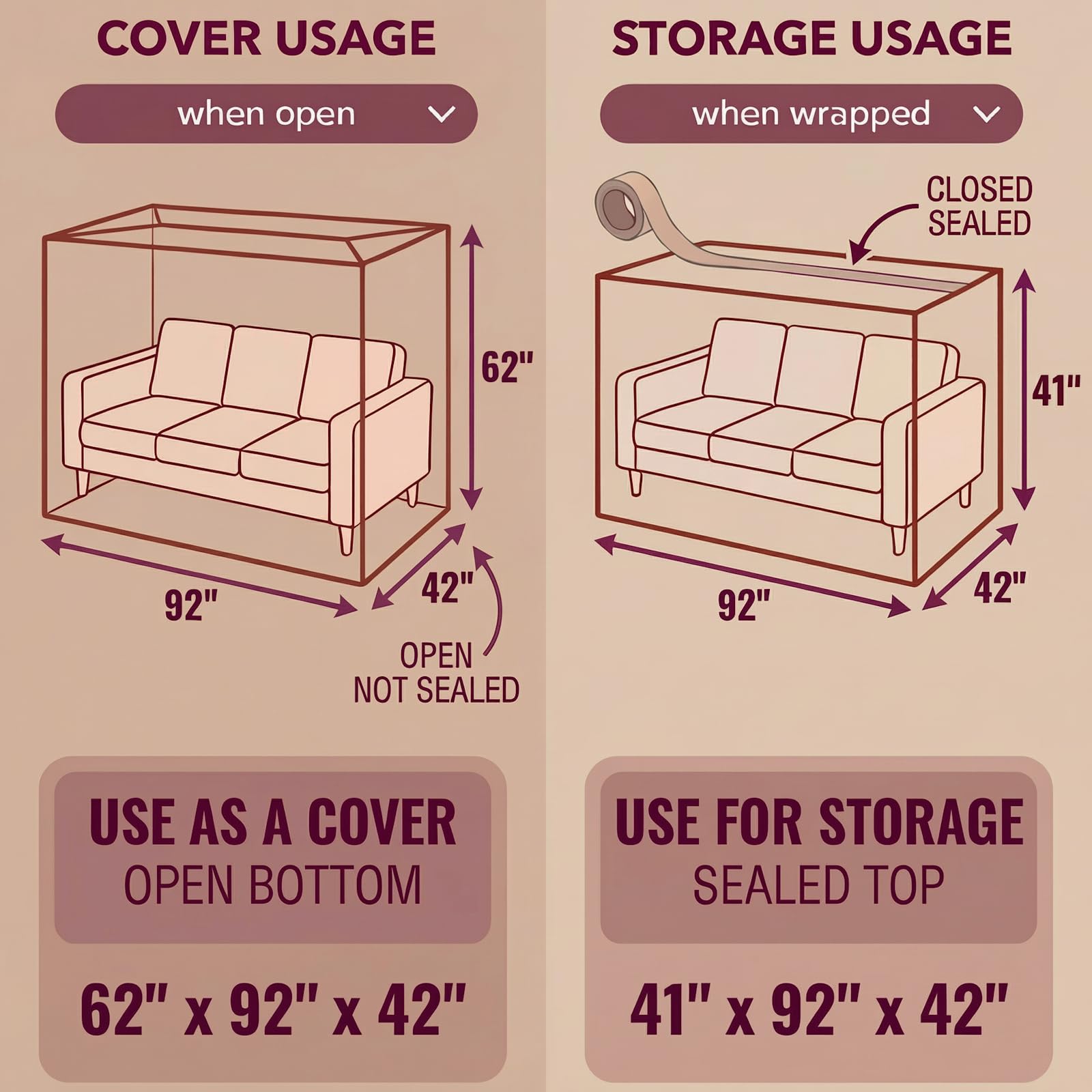 Wowfit sofa covered by the bag, protecting upholstery from dust.