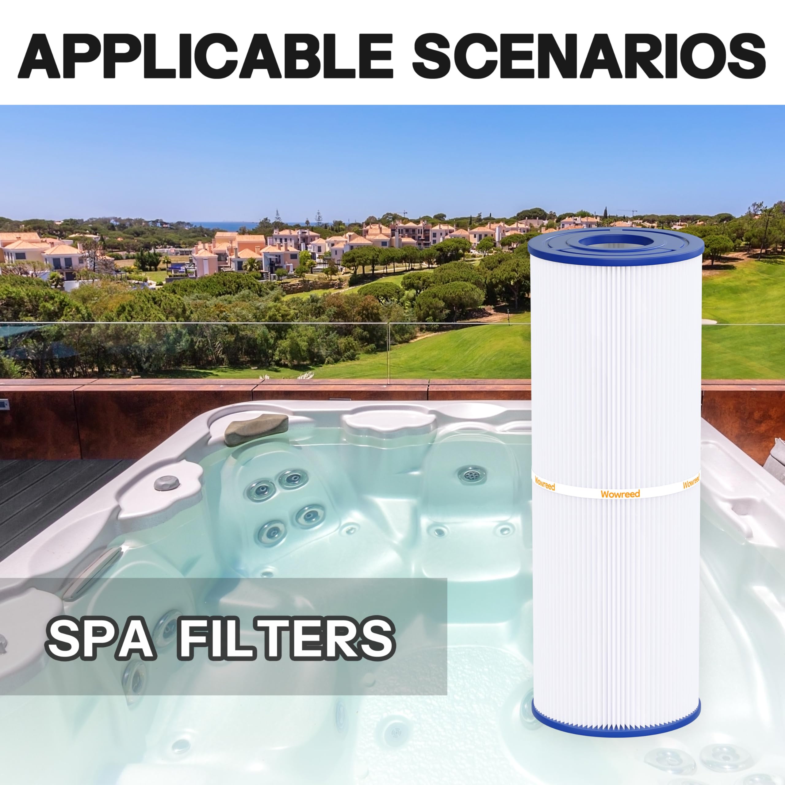 Wowreed spa filter shown with R173429 compatibility for flexible fit.