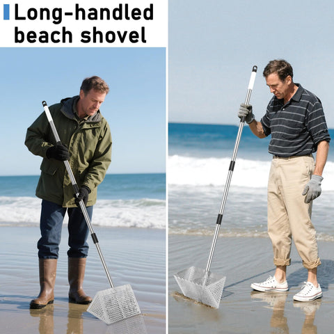 Woxnoc 65-inch reach on-beach rake in use for standing digging.