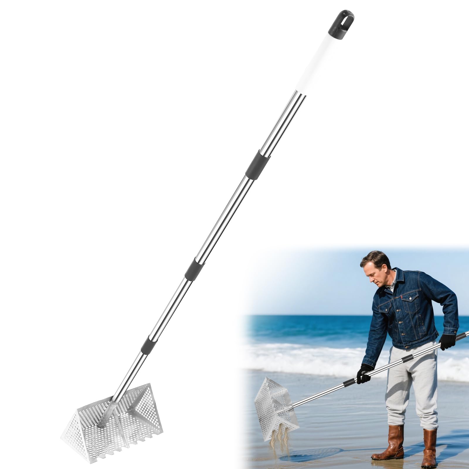 Woxnoc sand flea rake with 65-inch pole, front view for extended beach reach.