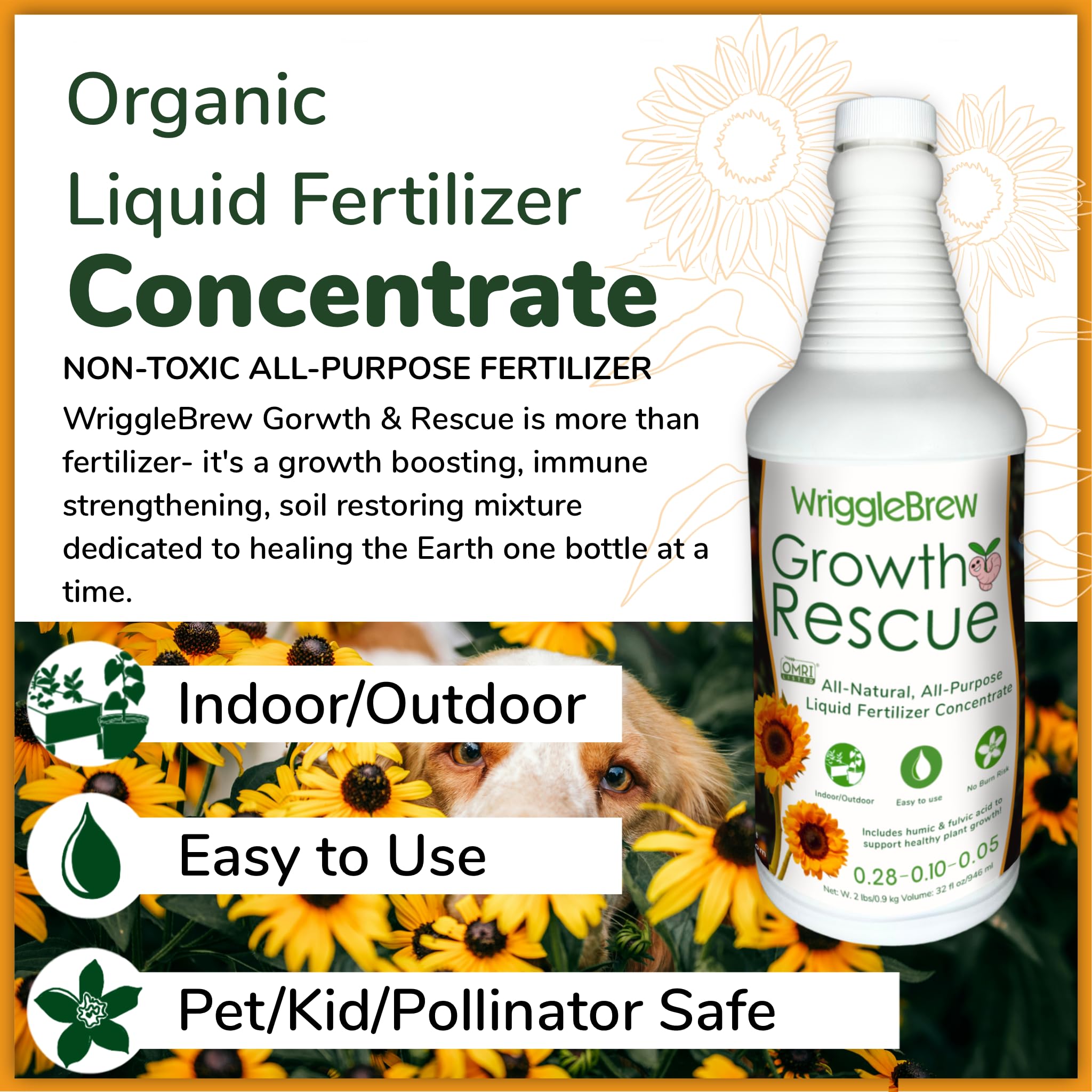 WriggleBrew concentrate with dilution guide for easy indoor plant feeding.