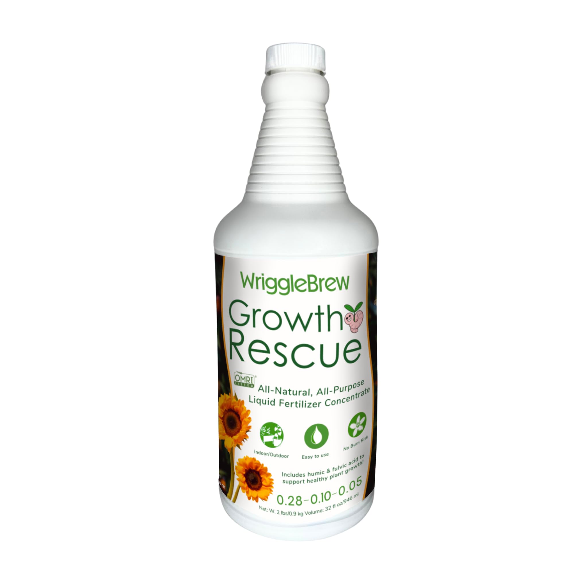WriggleBrew organic liquid fertilizer bottle showing soil‑friendly nourishment for potted plants