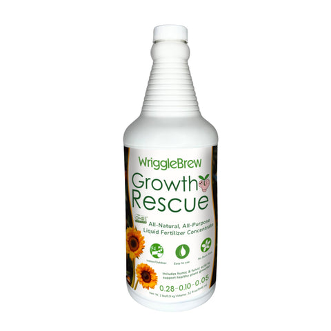 WriggleBrew organic liquid fertilizer bottle showing soil‑friendly nourishment for potted plants
