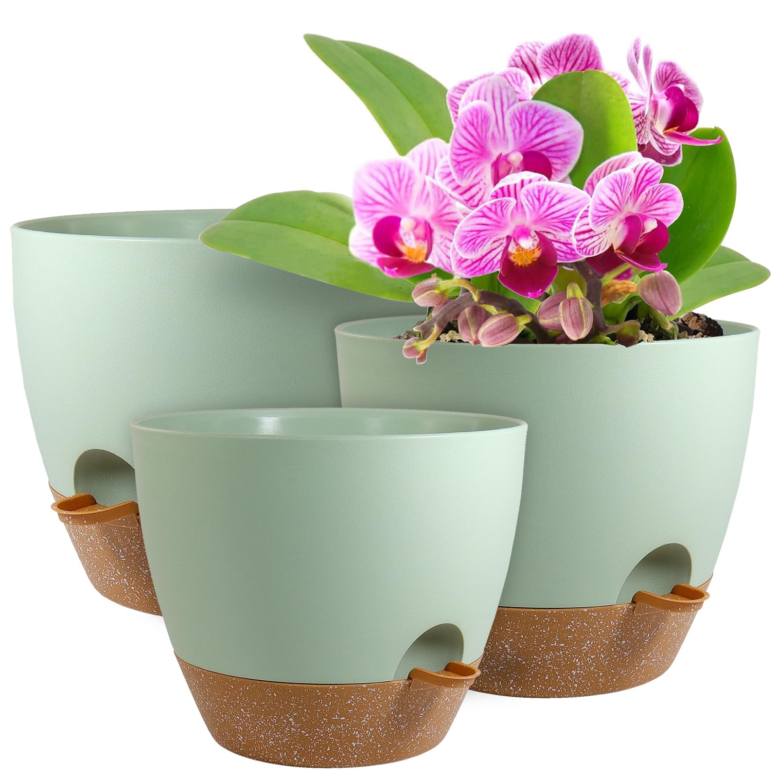 WSMKSZ big self-watering pot 12-inch green-brown with reliable water reservoir for easy plant care