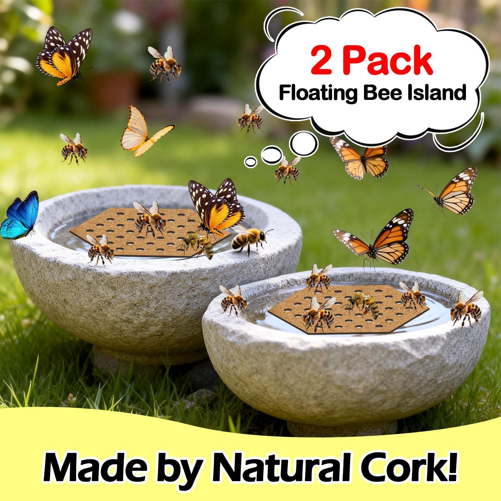 WSBXBB cork bee watering station in a garden provides a safe bee drink.