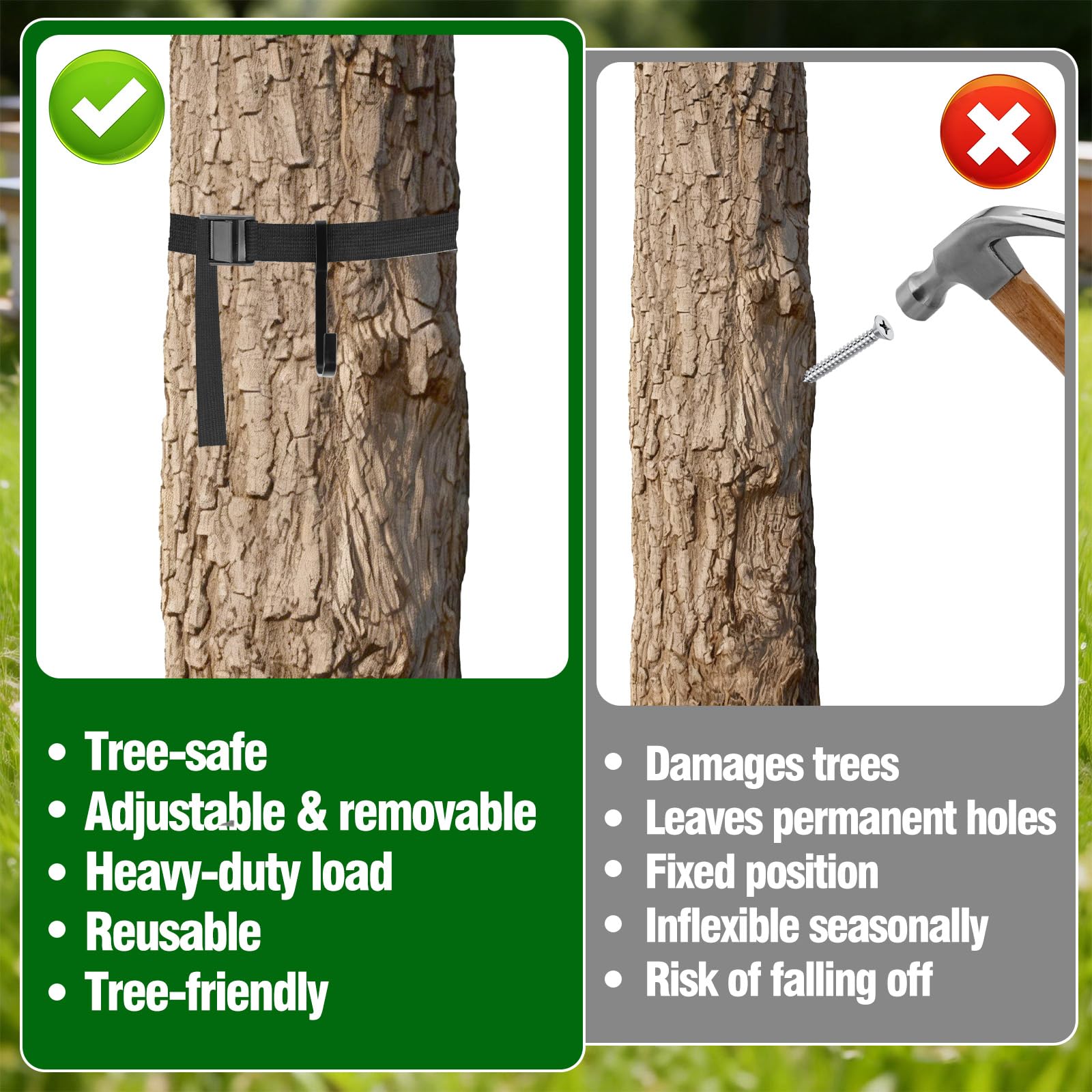 WSBXBB swarm trap hanger installed in backyard tree for nail-free mounting.