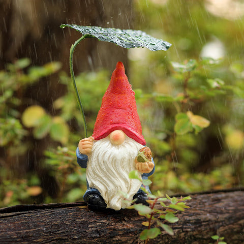 WSHMZYHOME gnome with leaf umbrella, front view adds whimsy to outdoor spaces