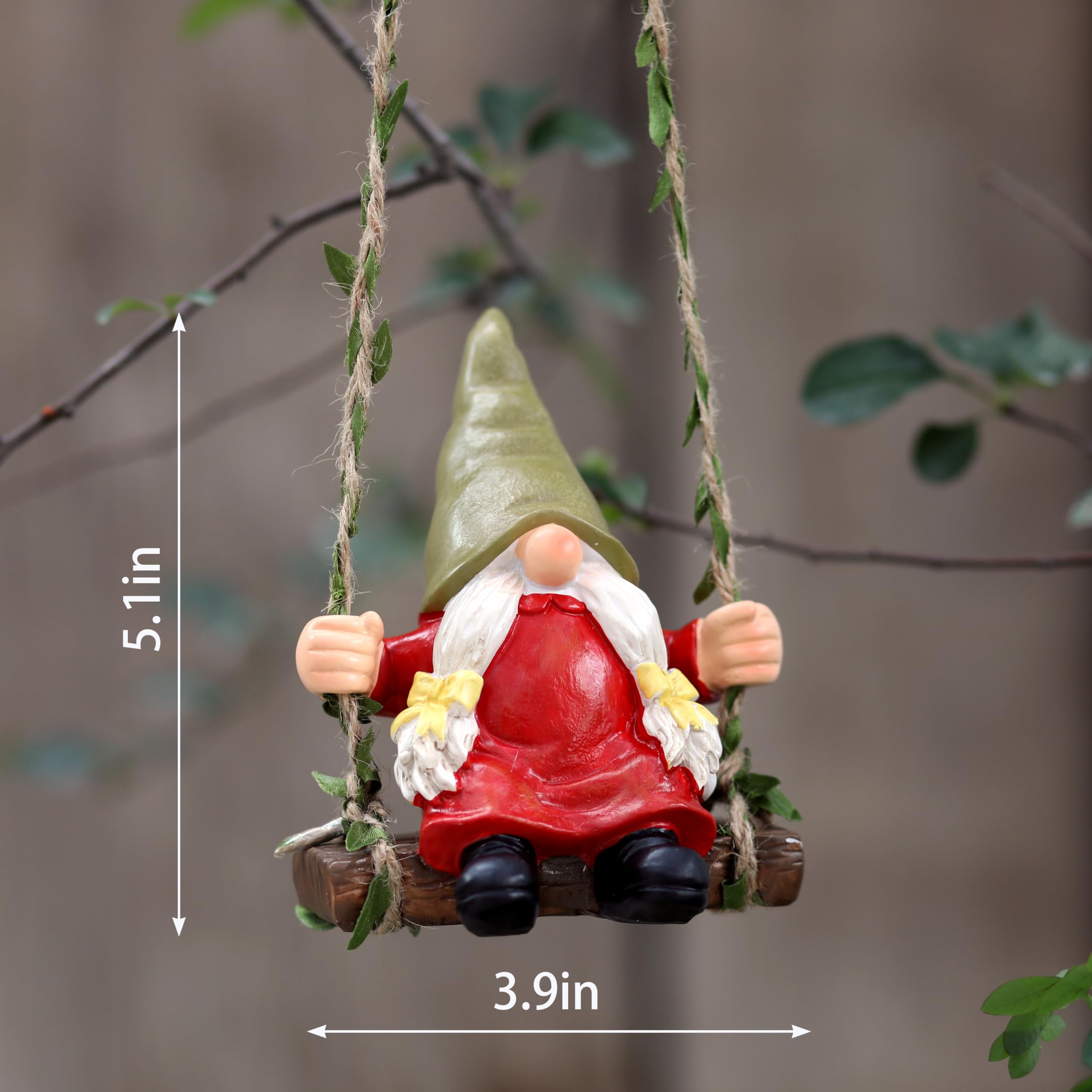 WSHMZYHOME gnome on swing front view highlights red hat and beard details.