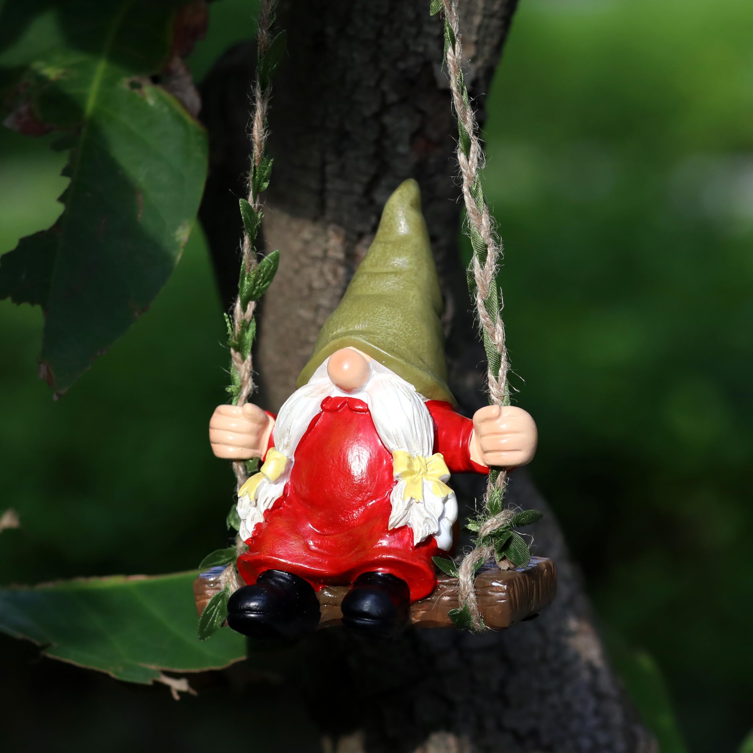 WSHMZYHOME gnome on swing weather-resistant resin for outdoor use.