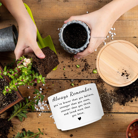 WSLCHOVE planter gift set featuring white ceramic pot and wood tray for housewarmings.