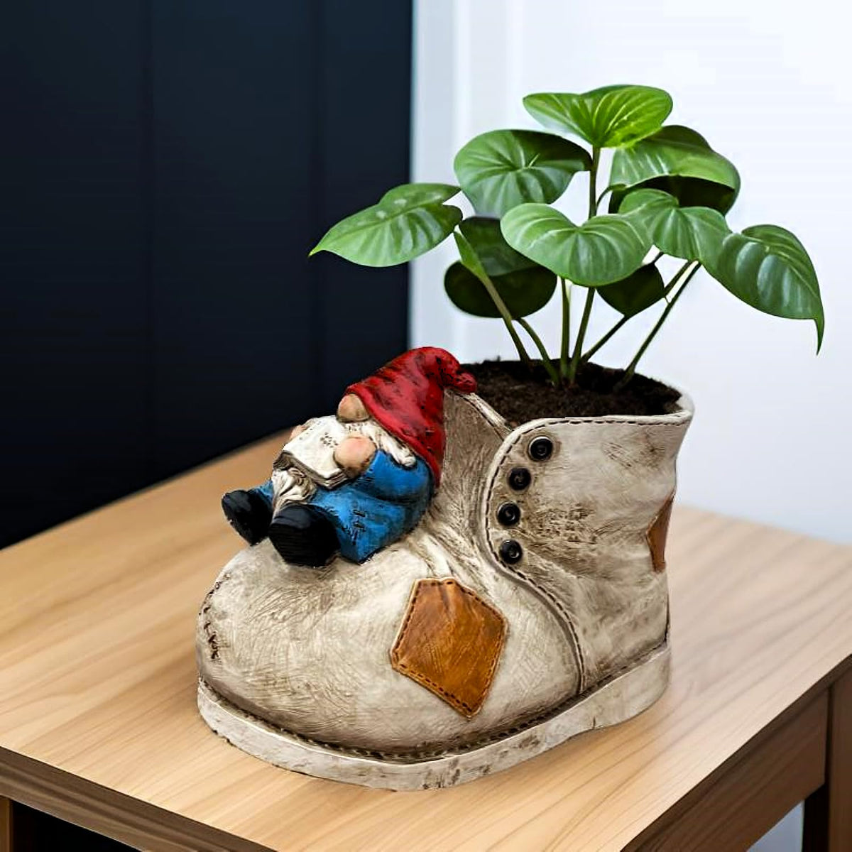 Wsmart gnome planter on a shoe adds playful curb appeal.