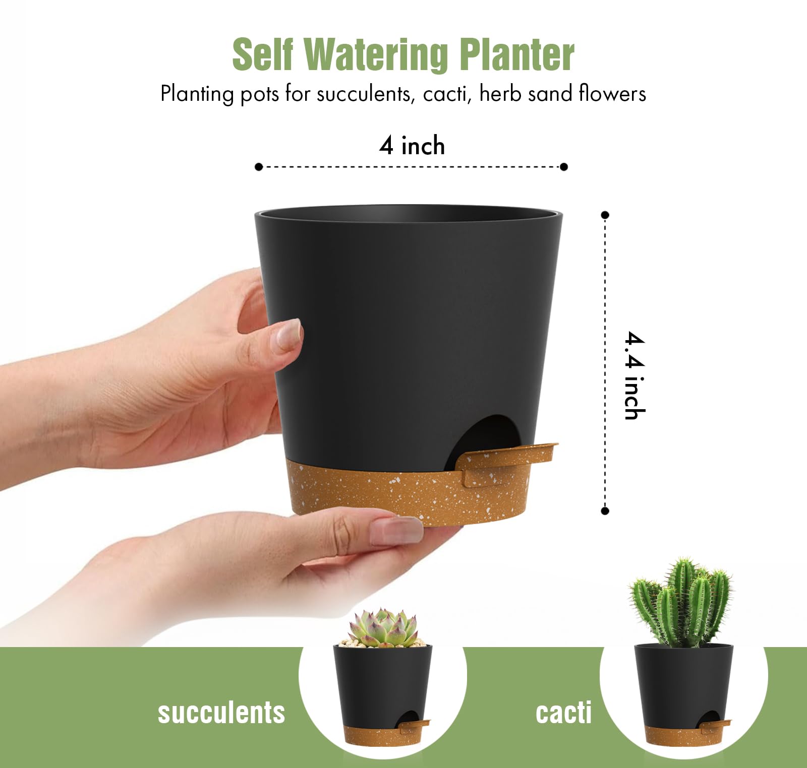 WSMKSZ brown 4-inch self-watering pot, side angle, blends with natural decor.