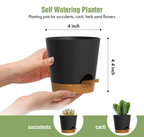 WSMKSZ brown 4-inch self-watering pot, side angle, blends with natural decor.