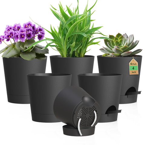 WSMKSZ 4-inch self-watering pot for indoor plants with a water reservoir promotes steady moisture.