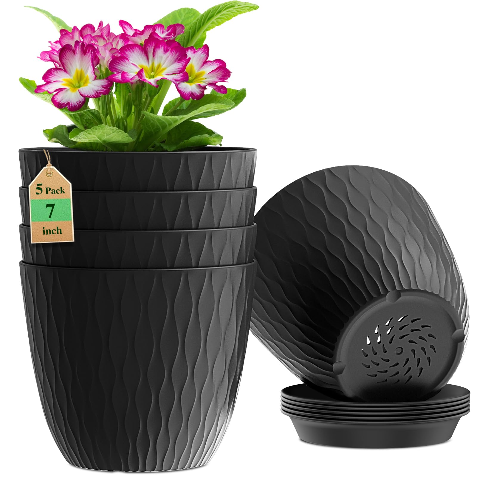 WSMKSZ 7-inch ripple black pot for indoor plants, durable and lightweight.