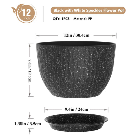 WSMKSZ black white speckle pot, side view, adds modern flair to any room.